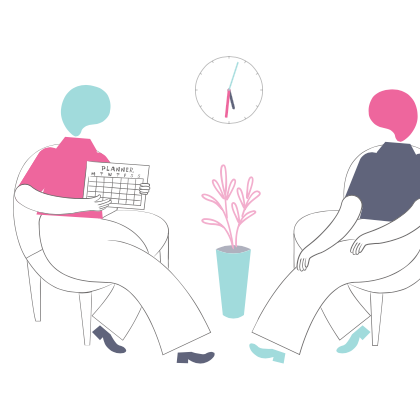 Graphic of two people sat talking