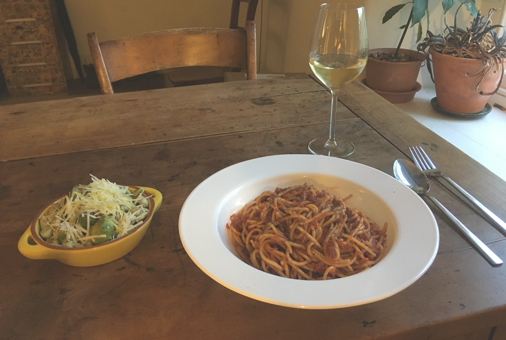 Spaghetti Amatriciana – plus a side of sprouts, broad beans and grated pecorino